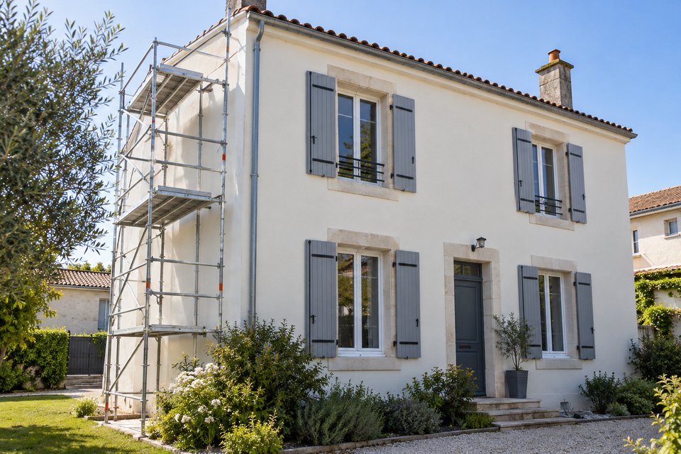 Façade de maison fraîchement repeinte avec échafaudage